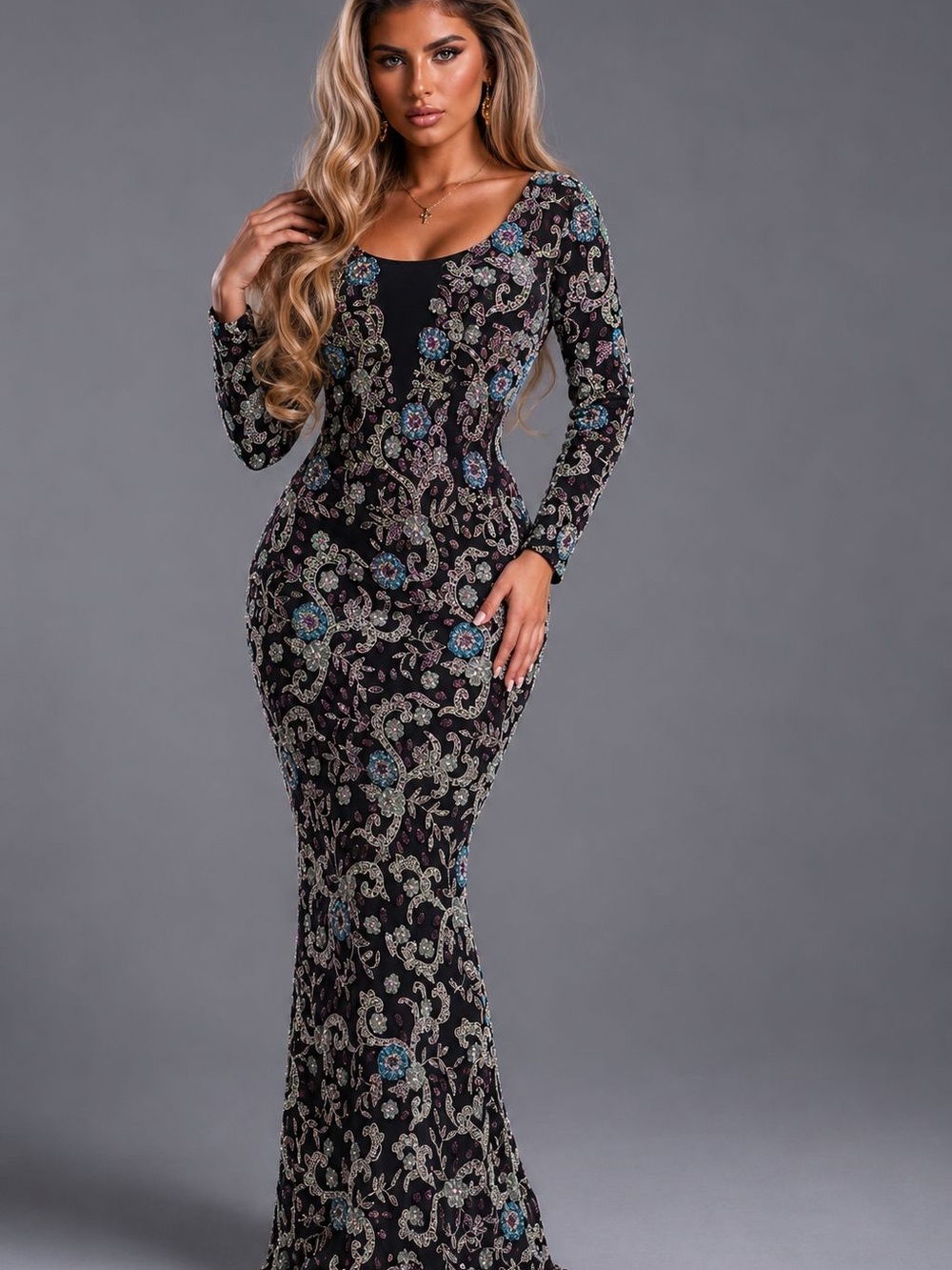 Black Long-Sleeve Embellished Floral Sequin Gown